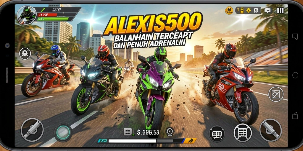 Screenshot gameplay ALEXIS500 dengan aksi balapan motor yang seru.