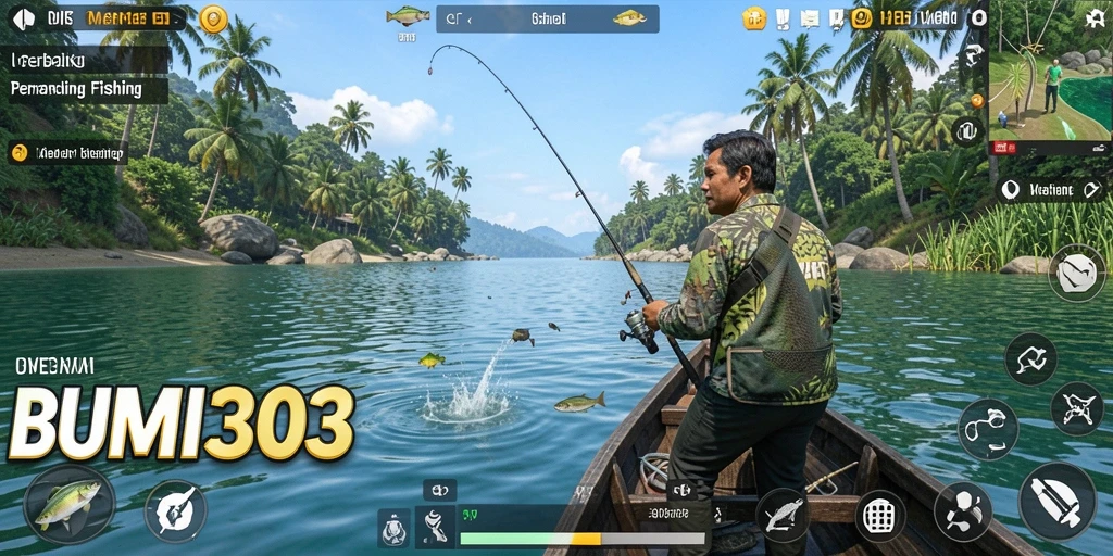 Tampilan gameplay BUMI303 yang seru dan mendebarkan saat memancing.