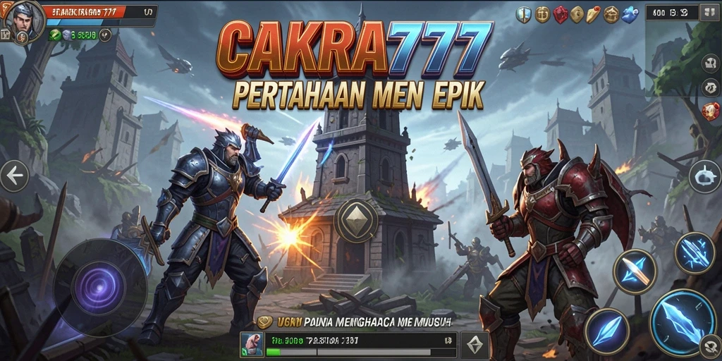Tampilan gameplay CAKRA777 dengan berbagai menara bertahan dari serangan musuh.