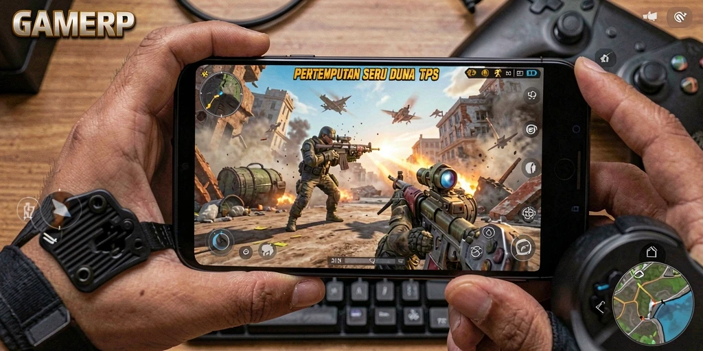 Screenshot GAMERP menampilkan aksi pertempuran seru di gameplay TPS.