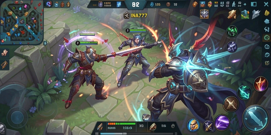 Tampilan aksi intens dari gameplay <strong>INA777</strong> di dunia MOBA.