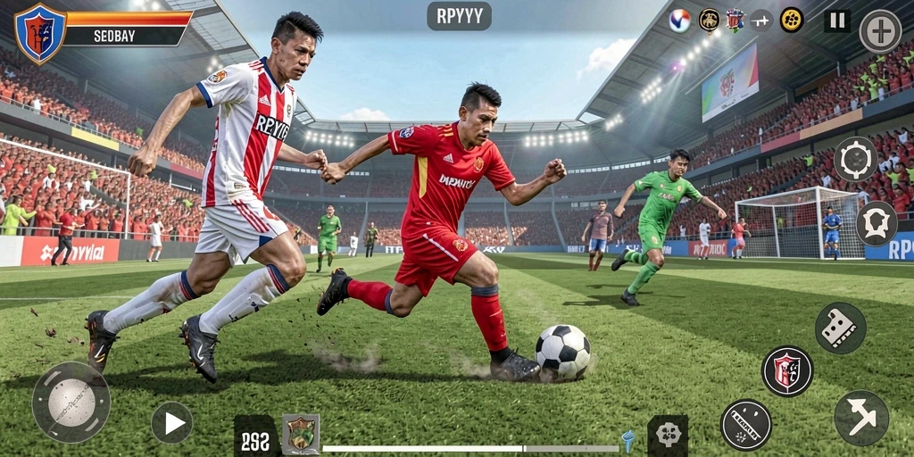 Screenshot gameplay RPYYY menampilkan aksi sepak bola yang menegangkan.