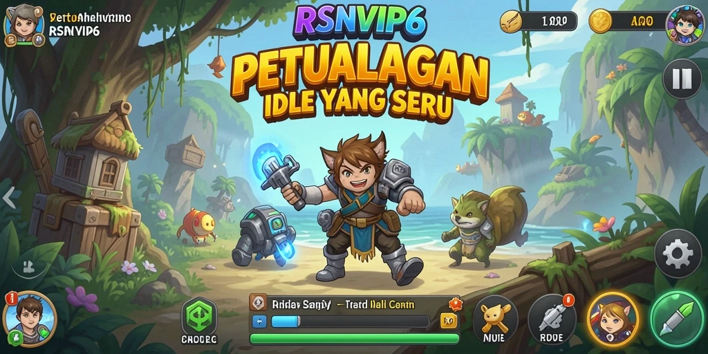 Screenshot gameplay RSNVIP6 menampilkan karakter berpetualang dalam dunia idle yang penuh warna.